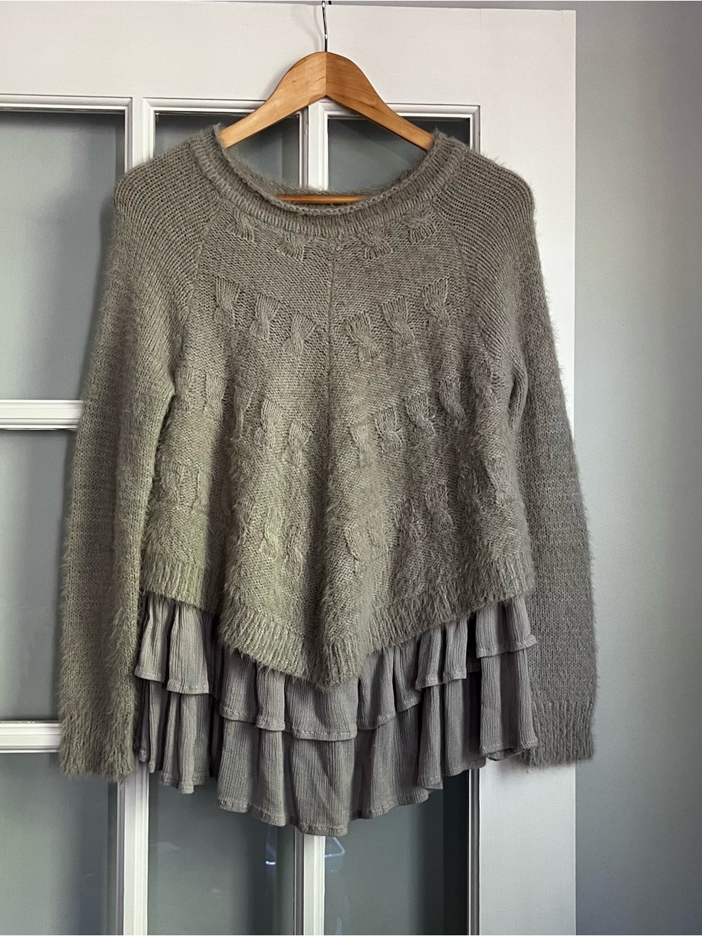 ODDY Taupe Layered Ruffle Hem Crew Sweater